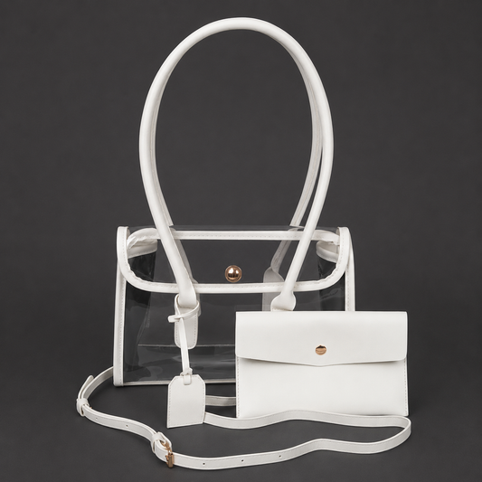White Faux Leather Trimmed Clear Stadium Bag