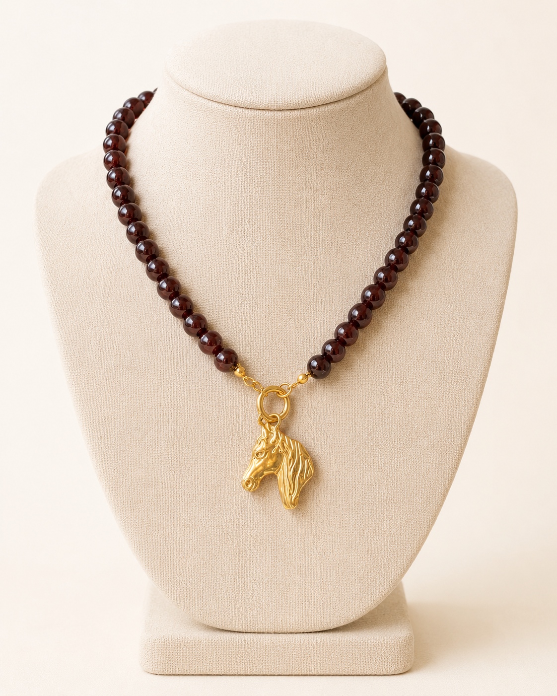 Deep Garnet Glass Bead Necklace w Horse Pendant