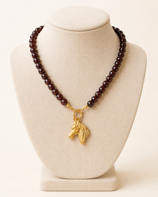Deep Garnet Glass Bead Necklace w Horse Pendant