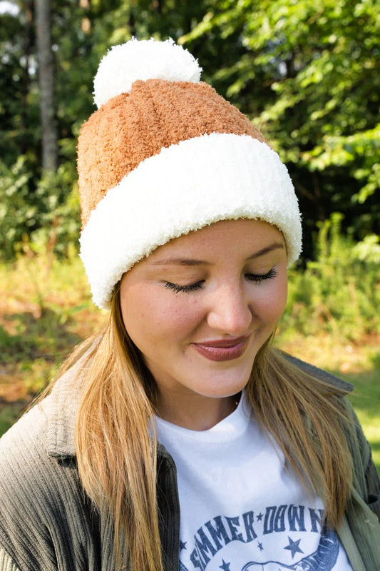Cozy Cuddles Camel Pom Pom Beanie